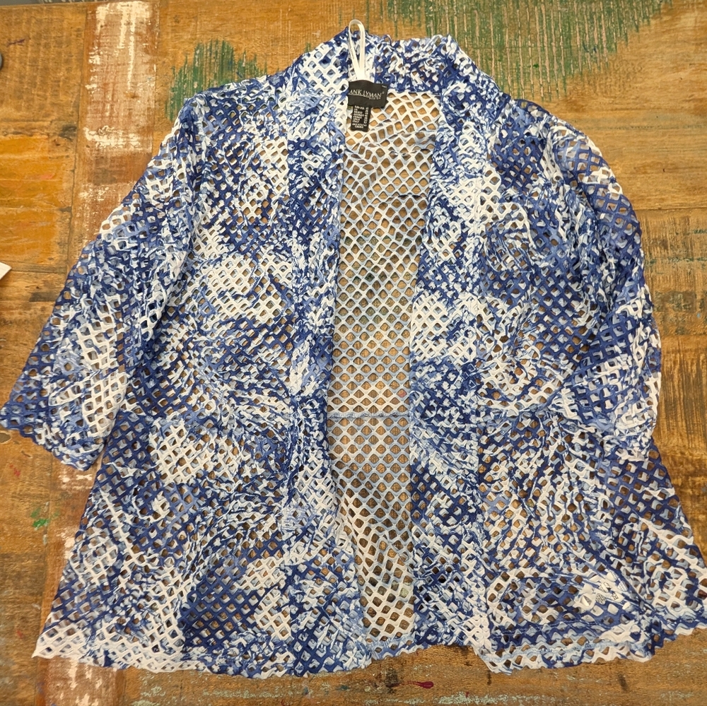 Frank Lyman Kimono Cardigan Jacket Blue and White Mesh Cover-Up